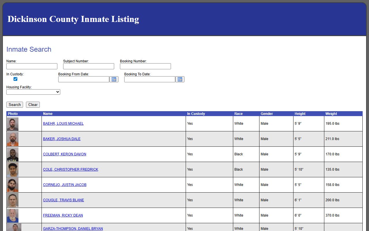 Dickinson County inmate population jail roster search fields