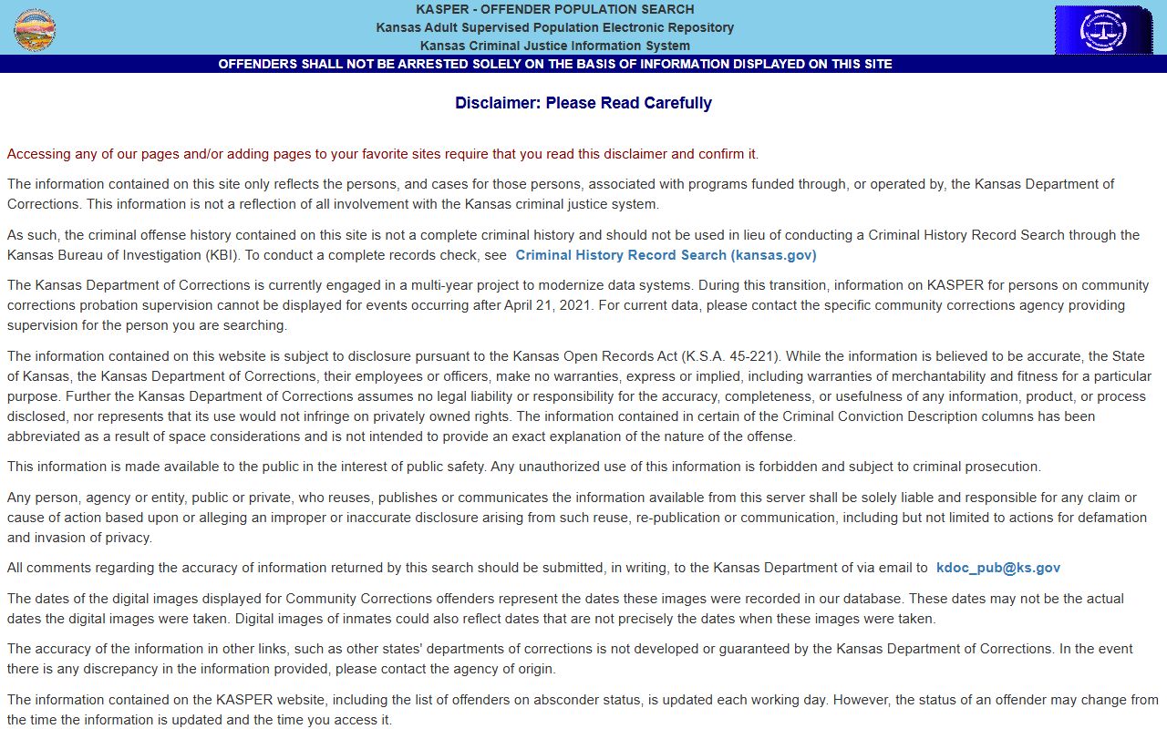 Dickinson County inmate search through Kansas KASPER offender population locator
